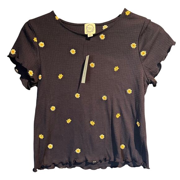 Cottaecore Waffle knit Daisy Print Short Sleeve Crop NWT Francesca's Navy Yellow - Picture 1 of 7